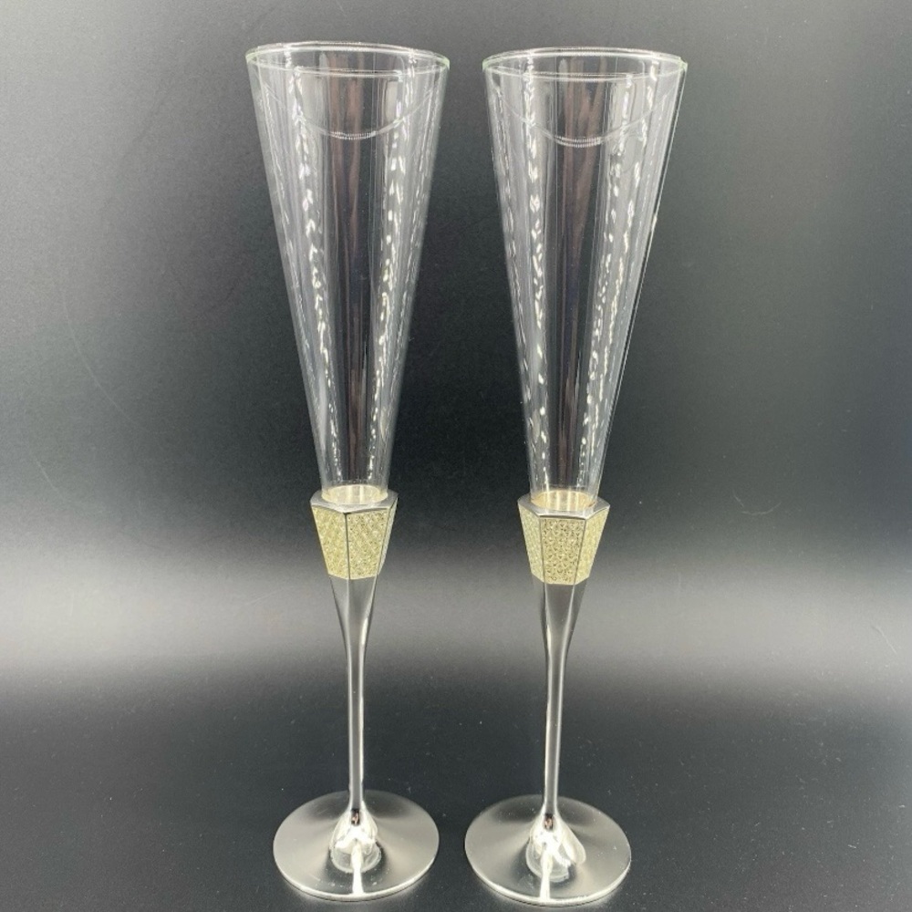Waterford Crystal Lismore Diamond Silver Stem Toasting Flutes Set of 2